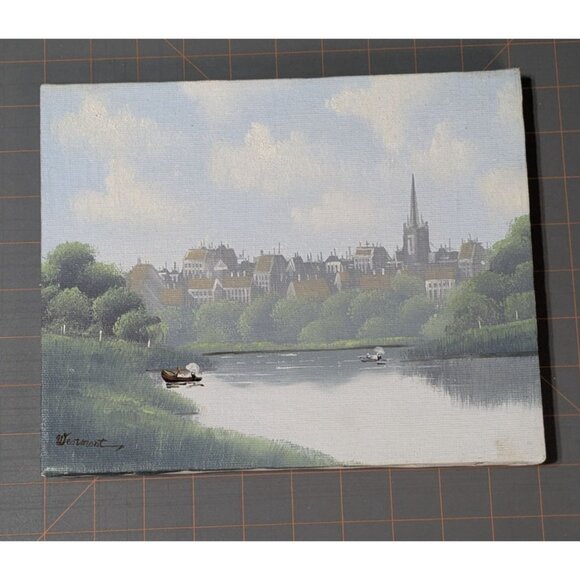 Signed Acrylic Canvas Painting River Salzburg Ladies in Boats unframed - Picture 6 of 11